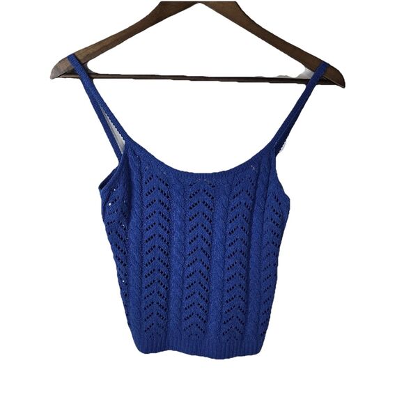 Shante’s Blue Open Knit Fitted Cropped Top Boho - Picture 1 of 5